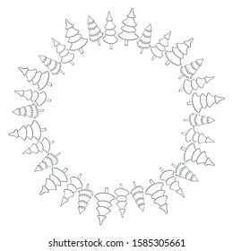 Wreath of Christmas trees. Black contour Christmas trees on white background.For cards, invitations, brochures, business cards, restaurant menu.