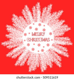 Wreath of Christmas trees branches with snowflakes on a white background