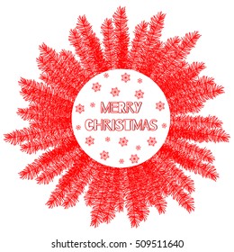Wreath of Christmas trees branches with snowflakes on a red background