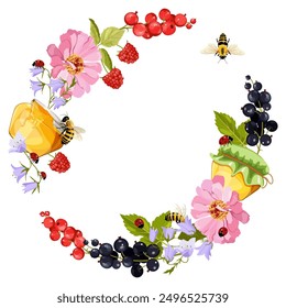 Wreath with chrysanthemum, jar of honey, currant, raspberry, ladybugs and bees on an isolated background. With space for your text.