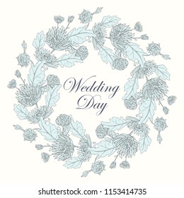 Wreath with chrysanthemums in sketch style. Beautiful flowers decoration. For Wedding day.