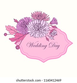 Wreath with chrysanthemums in sketch style. Beautiful flowers decoration. Frame.