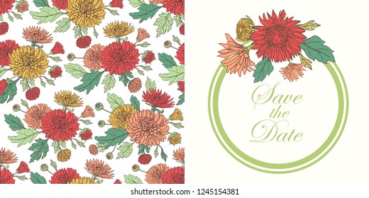 Wreath with chrysanthemums in sketch style. Beautiful flowers decoration. For Wedding day.