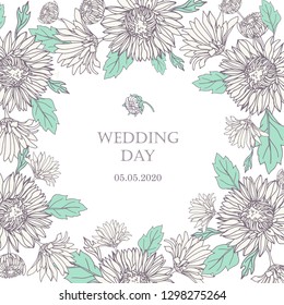 Wreath with chrysanthemums in sketch style. Beautiful flowers decoration. For Wedding day.