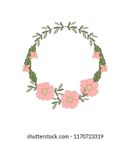 Wreath (circle frame) with flowers and leaves, hand drawn template. Design for invitation, wedding or greeting cards. Vector illustration.