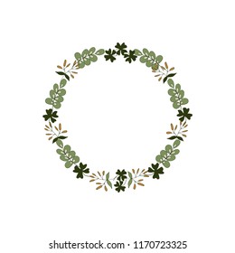 Wreath (circle frame) with flowers and leaves, hand drawn template. Design for invitation, wedding or greeting cards. Vector illustration.