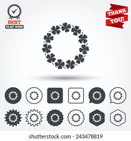 Wreath of clover with four leaves sign icon. Saint Patrick symbol. Circle, star, speech bubble and square buttons. Award medal with check mark. Thank you ribbon. Vector