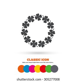 Wreath of clover with four leaves sign icon. Saint Patrick symbol. Classic flat icon. Colored circles. Vector