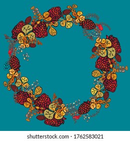A wreath of clover on a blue background. Vector drawing of wild flowers. Stylized wreath for printing cards, invitations.