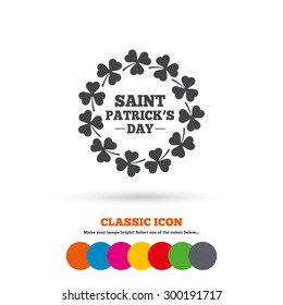 Wreath of Clovers with three leaves sign icon. Saint Patrick trefoil shamrock symbol. Classic flat icon. Colored circles. Vector
