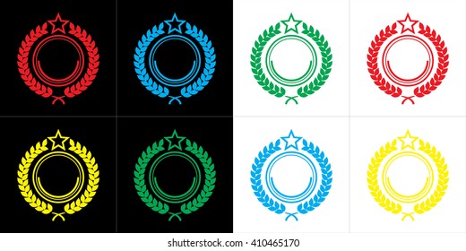 wreath coat of arms with star on top, green, blue, red and yellow color
