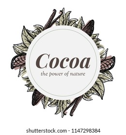 Wreath with cocoa and vanilla handrown elements. Hand drawn packaging design element with vanilla pods and flowers and cocoa fruits, leaves and beans.