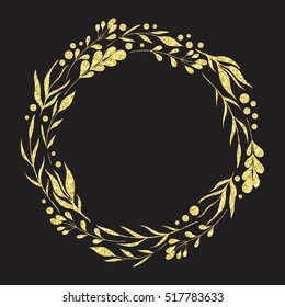 Wreath with collection decorative floral design elements with golden glitter foil texture. Save the date, wedding invitations, baby shower or birthday cards. Vintage hand drawn vector illustration
