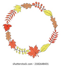 Wreath of color autumn leaves. Round colorful frame, border hand drawn in doodle flat style. Theme is forest, nature, happy fall, thanksgiving