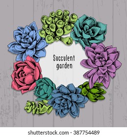 Wreath of a color bright succulent plants on gray wooden surface. Vector illustration. 