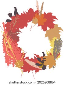 a wreath of colored autumn leaves, branches and herbs on a white background