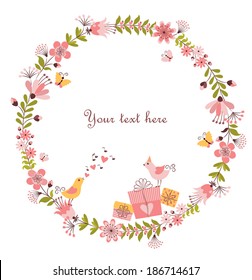 Wreath of colored flowers with two funny birds, presents and butterfly inside. Vector background.