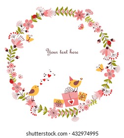 Wreath of colored flowers with two funny birds, presents and butterfly inside. Vector background.