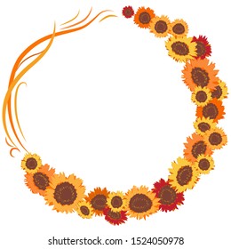 A wreath of colored sunflowers with yellow curls.