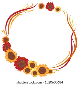A wreath of colored yellow, orange and red sunflowers, sunflowers and yellow curls.