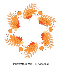 Wreath of colorful autumn leaves, flowers and pumpkin. Fall theme vector illustration. Thanksgiving day greeting card or invitation. Easy to edit template for your design projects.