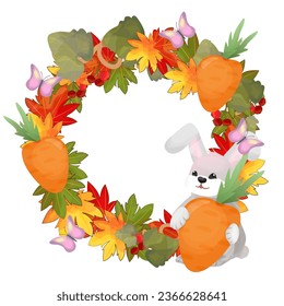 Wreath with colorful autumn leaves and autumn vegetables. Cute rabbit with carrot on the background of round greeting frame. Postcard design for Thanksgiving or Harvest Day. Vector frame with space