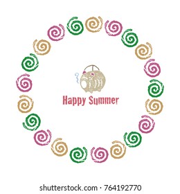 Wreath with colorful mosquito coils and pig shaped holder, summer greeting svg