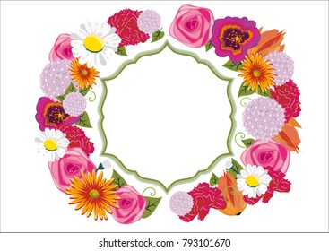 A wreath composed of different kinds of flowers arranged around a blank box to personalize this card with its own text. A colorful illustration in pink, green and white tones.