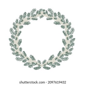 A wreath of coniferous branches of cedar, pine, spruce. The circle is a frame of forest branches under the snow. Vector minimalistic illustration.
