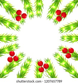 wreath with coniferous branches of trees and red berries on a wh