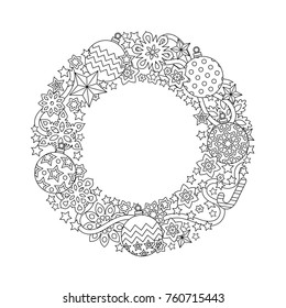 wreath consisting of  christmas balls, stars, ribbons, snowflakes and other festive elements. Coloring page for adult. New year black and white illustation in zentangle inspired style. Vector