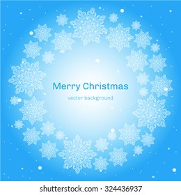 wreath consisting of a scattering of snowflakes. Falling snow on a blue sky. Vector illustration.