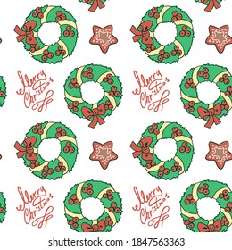Wreath y cookie sobre fondo blanco. Patrón de Navidad sin fisuras para papel de pared, papel de envoltura, durmiente, baldosas de baño, ropa de cama o ropa de cama. Estuche de teléfono o impresión de tela. Ilustración vectorial de estilo Doodle