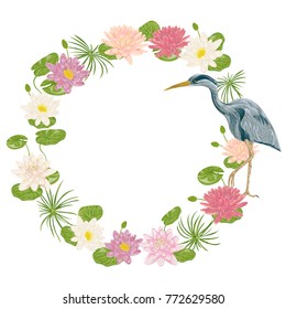 Wreath with crane bird and water lily. Oriental motif. Vintage vector illustration in watercolor style