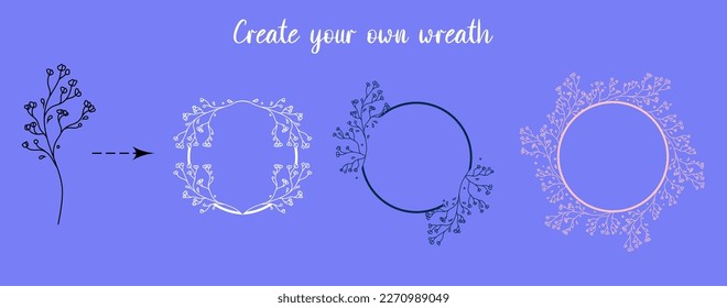Wreath creation kit. Set of the hand-drawn botanical wreaths. Wedding flourish laurel wreaths for invitation card.