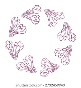 Wreath with crocus flower with leaf in line art style. Floral frame for spring design, greeting card and nature theme isolated on white background.