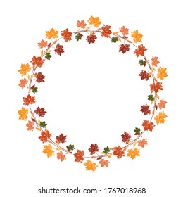 Wreath of curved twigs with autumn leaves, buds and flowers. Imprints of leaves. Objects isolated on a white background.