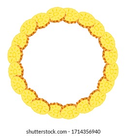 Wreath from cut rings pineapple with space for text. Cartoon organic sweet food. Summer fruits for healthy lifestyle. Vector illustration for any design.