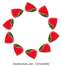 Wreath from cut slice watermelon with space for text. Cartoon organic sweet food. Summer fruits for healthy lifestyle. Vector illustration for any design.