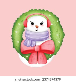 Wreath and cute snowman on pink background