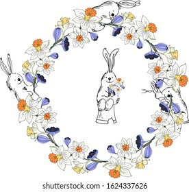 A wreath of daffodils, crocuses with bunnies. Vector illustration.