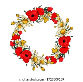  Wreath with daffodils and poppies. Festive wreath with red poppies and yellow daffodils on a white background. Vector isolated illustration with a wreath for a holiday. Doodle style.