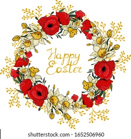 Wreath with daffodils and poppies. Vector isolated illustration with an Easter wreath on a white background. Poppies and daffodils in a flower bouquet. Invitation card. Easter design. 