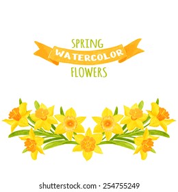 Wreath of daffodils. Watercolor vector illustration. Floral design elements. Global color used.