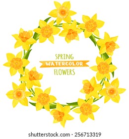 Wreath of daffodils. Watercolor vector illustration. Floral design elements. Global color used.