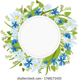 
A wreath of daisies and cornflowers with the addition of meadow grass. In the center is an empty space for inscription.