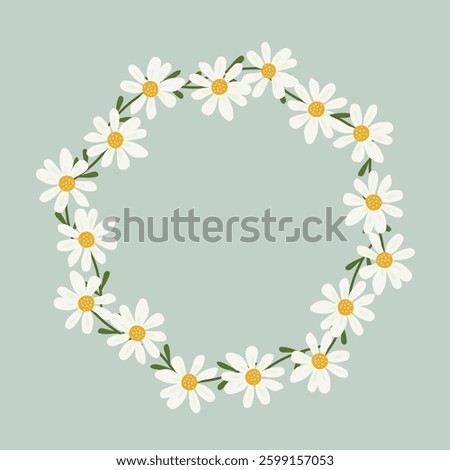 Wreath with daisies. Cute daisies on a light blue background. Vector illustration, for postcards, printing on paper and design. Hand drawing.