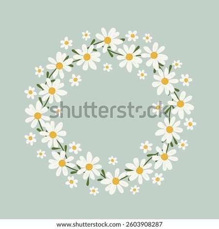 Wreath with daisies. Cute daisies on a light blue background. Vector illustration, for postcards, printing on paper and design. Hand drawing.