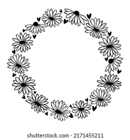 Wreath with daisies and hearts. Hand drawn wildflowers. Wreath chamomile. Vector summer illustration. 