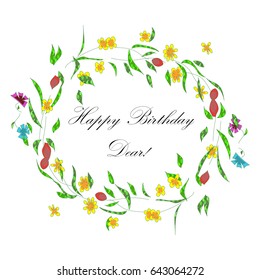 wreath with daisy flowers and happy birthday in the center